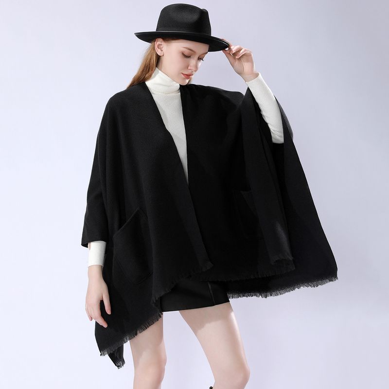 Nowy, jednolity kolor szala z prostymi i uniwersalnymi kieszeniami, ciepła peleryna, wysokiej jakości podróżna peleryna z rozcięciem_voghion.com