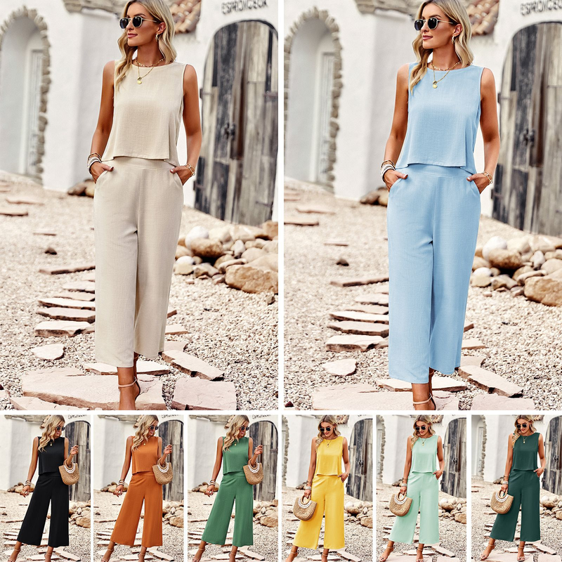 Diyun Einfarbig Mode Zwei-Stück Set Für Frauen 2025 Sommer Elegante Ärmelloses Top Und Cropped Hosen_voghion.com