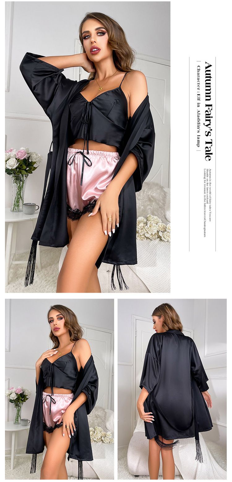 Spring Summer Sexy Women's Homewear Camisole Shorts Three-Piece Set Casual Comfortable Home Ice Silk Pajamas_voghion.com