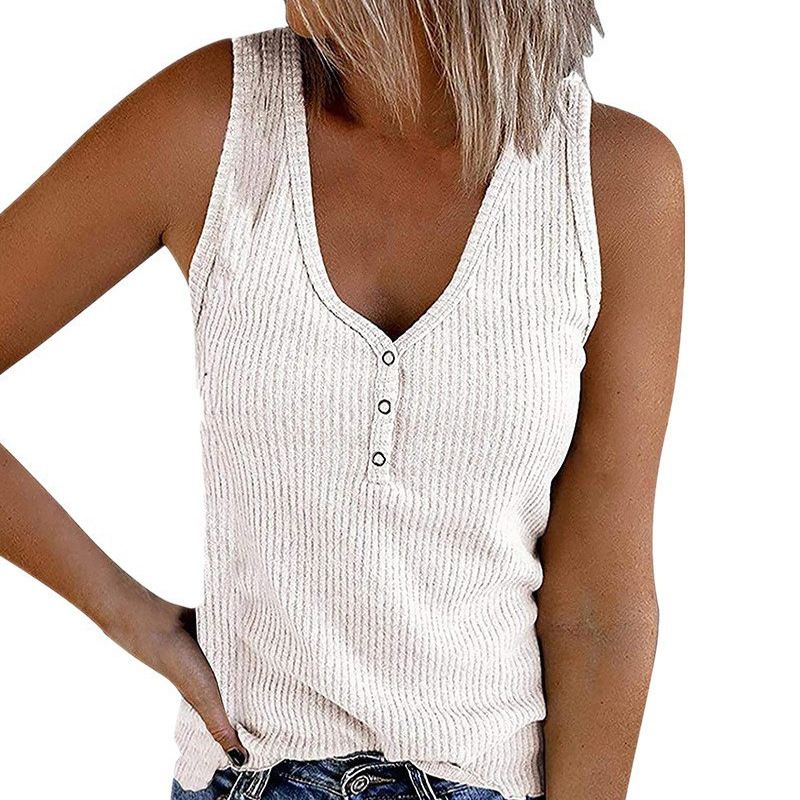 2025 New New Women's Button Vest Solid Color V-neck Sleeveless T-shirt Creative Design_voghion.com