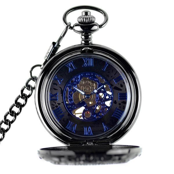 Retro Flip New Roman Blue Surface Mechanical Pocket Watch_voghion.com
