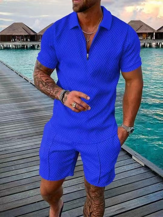 2025 New Summer Men's Shorts Set Short Sleeve Zip Polo Shirt Street T-shirt Two Piece Casual Sportswear_voghion.com