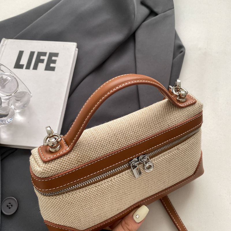 Modische kleine quadratische Handtasche für Damen 2023 Neue gespleißte Umhängetasche aus Canvas in Contrastfarbe_voghion.com