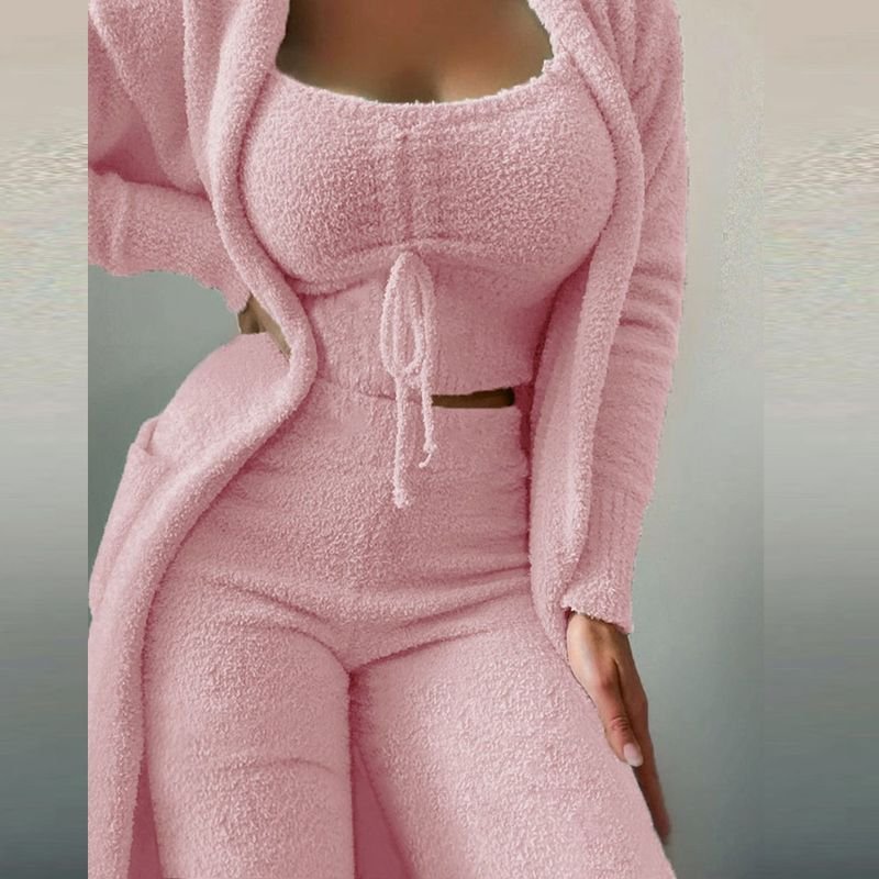 Damenmode lässig Plüsch Schnürung Strickjacke 3 Hosenanzüge_voghion.com