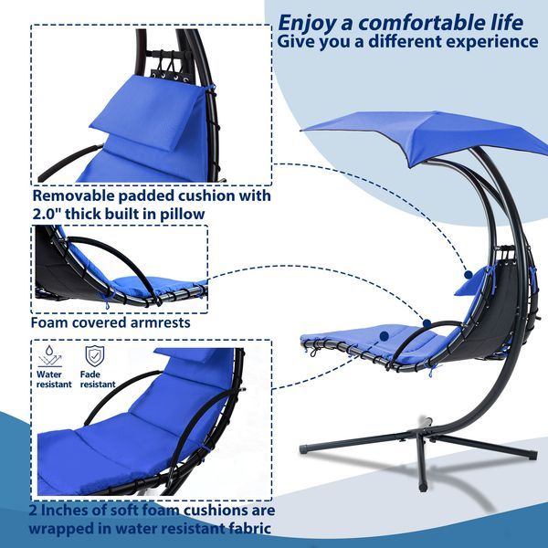 Hanging Chaise Lounger With Removable Canopy, Outdoor Swing Chair With Built-in Pillow, Hanging Curved Chaise Lounge Chair Swing For Patio Porch Poo_voghion.com