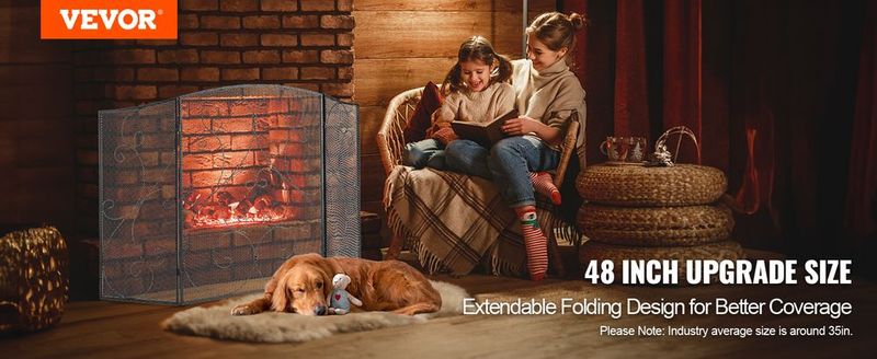 VEVOR Fireplace Screen 3 Panel, Sturdy Iron Mesh Fireplace Screen, 48"(L) X30.2"(H) Spark Guard Cover, No Assembly Required, Free Standing Fireplace Fence Grate For Living Room Home Decor Vintage Blac_voghion.com