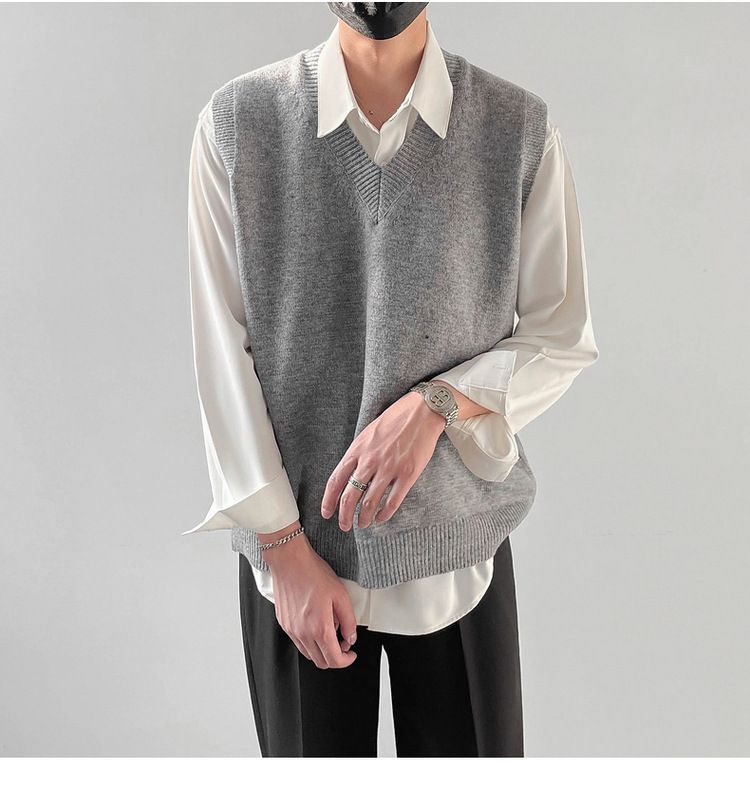 Herrenbekleidung Herbstlicher Stil lockerer Boden ärmelloser Herrenpullover mit V-Ausschnitt Pullover Weste Mantel_voghion.com
