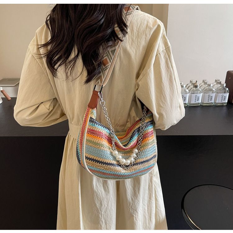 Sac à bandoulière simple tissé en herbe bohème pour femmes, nouvelle mode 2025, motif croix diagonale, motif boulettes_voghion.com