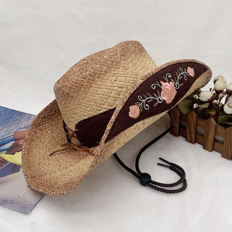 Handgewebter Cowboyhut aus Raffiagras mit Sonnenschutz und gerolltem Rand, bestickter Strohhut_voghion.com