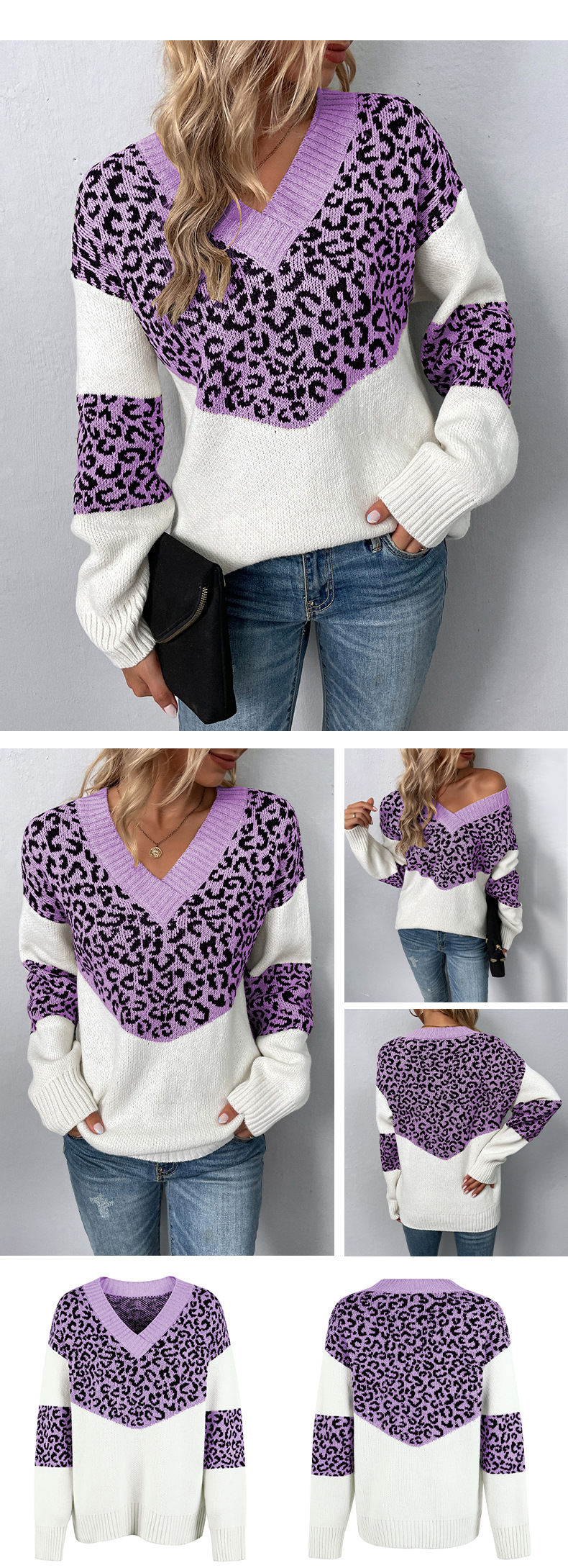 V-Ausschnëtt Leopardnähten Pullover mat Kontrastfaarf_voghion.com