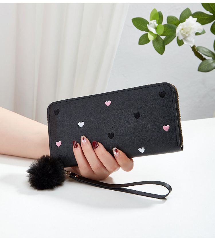 Women's Long Zip Wallet With Heart Embroidery - Fashionable Slim Clutch Purse (Multiple Card Slots, RFID Protection)_voghion.com