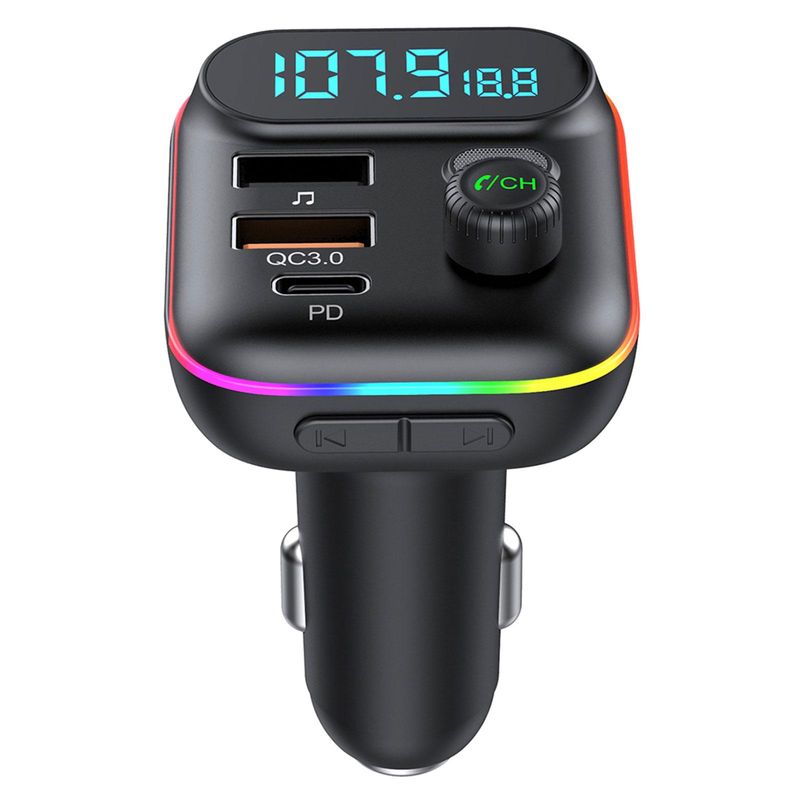 Car Fast Bluetooth 5.0 FM Transmitter PD Dual Player Music Type-C Colorful Ambient MP3 Light Cigarette Lighter USB C0E3_voghion.com
