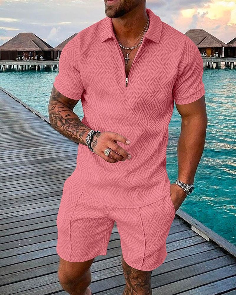 2025 New Summer Men's Shorts Set Short Sleeve Zip Polo Shirt Street T-shirt Two Piece Casual Sportswear_voghion.com