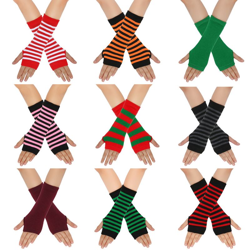Unisex Knitted gloves with missing fingers anime stripes wearing fingers wrist cuff with false sleeves Thin children's fingers_voghion.com
