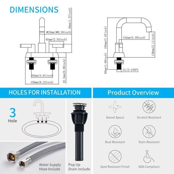 Bathroom Faucet 2 Handle 4 Inch Centerset Bathroom Sink Faucets 3 Hole with Pop Up Drain and Water Supply Lines, Brushed Nickel_voghion.com