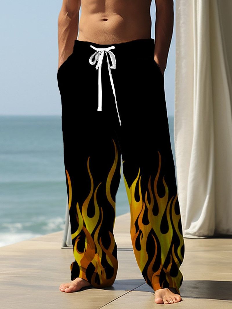 Pantalon de sport décontracté pour hommes printemps et automne tube droit ample double poche cordon de serrage avec imprimé flamme nouveau style_voghion.com