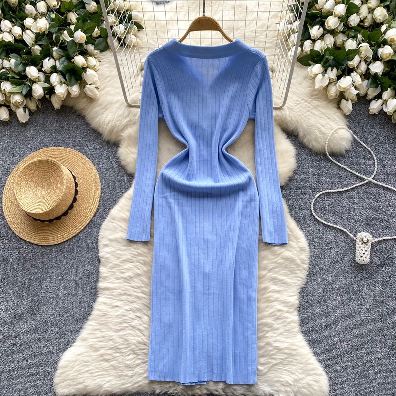 Vêtements pour femmes Robe tricotée rétro à revers simple boutonnage longueur taille minceur pull intérieur jupe mi-longue_voghion.com