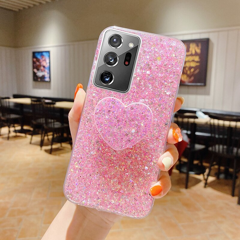 Shiny Glitter Heart Love Phone holder Case For Samsung Galaxy Note 20 Ultra 10 Plus Pro Gold Silver Foil Soft Silicone C_voghion.com