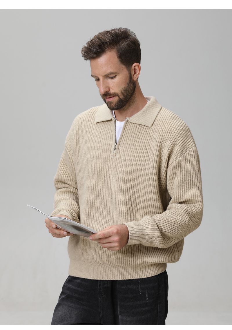 Maglione da uomo in pile scamosciato sintetico con mezza zip – Pullover invernale in maglia con spalle scese e morbide (M-XXL, Nero mezzanotte/Grigio luna/Tè al latte/Avorio)_voghion.com