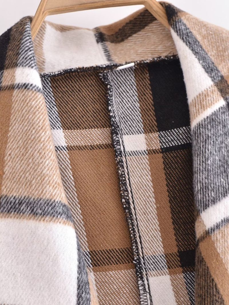 Moda donna nuova autunno e inverno classico cappotto a quadri con spalline a contrasto_voghion.com