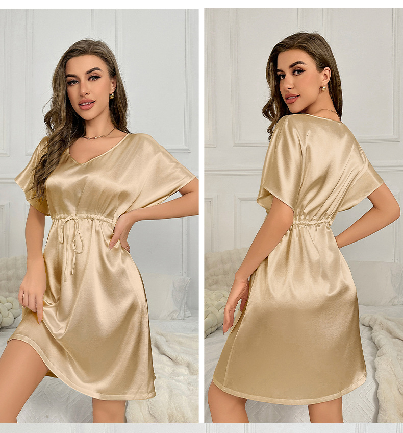 2023 neue Eis Seide Pyjamas Sommer Dünne Taille Schlaf Rock Lange frauen Hause Eingerichtet_voghion.com