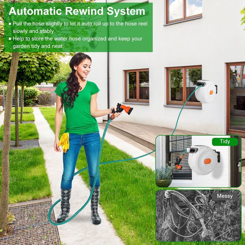 Retractable Garden Hose Reel Wall Mounted Automatic Water Hose Reel With Any Length Lock 8 Pattern Spraying Modes 180° Swivel Bracket_voghion.com