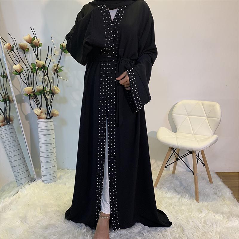 Neueste muslimische Abayas für Frauen islamische Mode Perlen Kimono Robe bescheidenes Kleid lange elegante Strickjacken Kleidung vorne offen Abaya_voghion.com