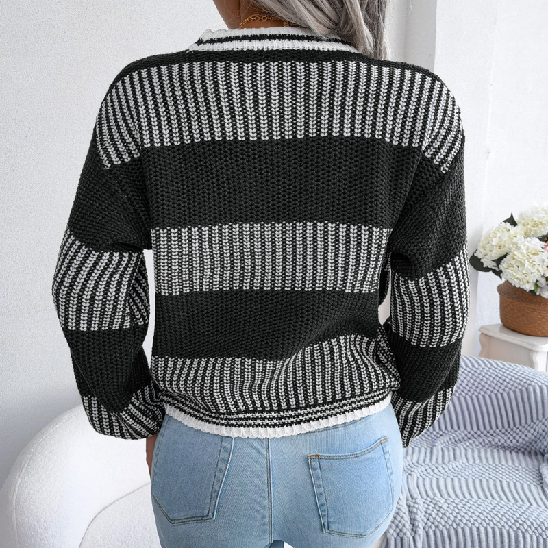 Abbigliamento da donna Net rosso stile vero colpo autunno e inverno casual contrasto di colore a righe maglione lavorato a maglia a maniche lunghe abbigliamento da donna_voghion.com