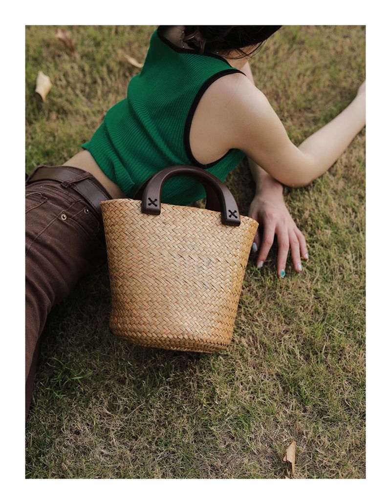 Plážová taška Vine Thai Grass, francouzská tkaná, kabelka, dřevěná rukojeť, velkokapacitní dámská taška_voghion.com