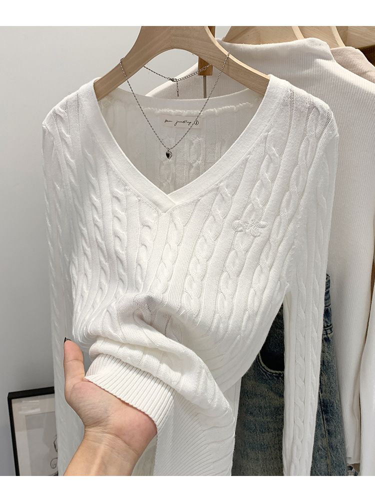 Maglione a trecce con scollo a V – Maglia oversize da donna in misto cotone a maniche lunghe, capo di ispirazione coreana perfetto per creare strati di stile_voghion.com