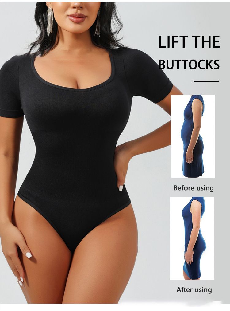 One-piece shapewear women's waistband open waist seamless short-sleeved thong shapewear underwear_voghion.com