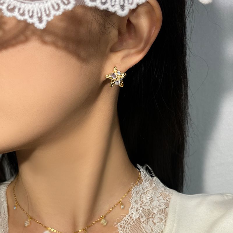 Light Luxury High-End Thick Gold-Plated Starfish Zircon Stud Earrings - Sterling Silver Posts For Women’s Ocean-Inspired Style_voghion.com