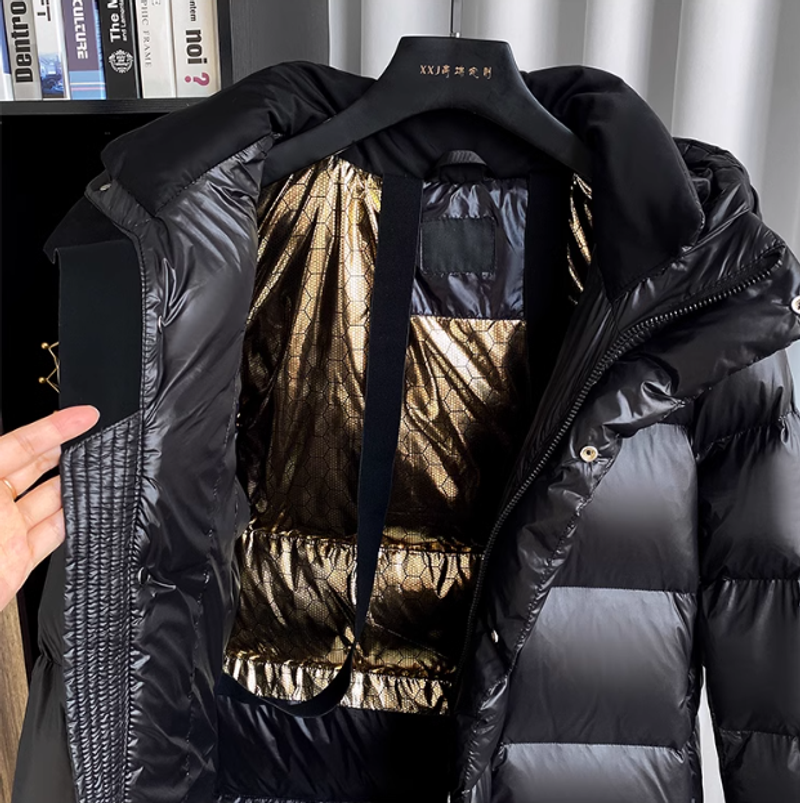Damenbekleidung schwarz-goldene, neue, nationale Standard-Daunenjacke aus weißer Ente, mittellang, für Damen mit winddichter Kapuze_voghion.com