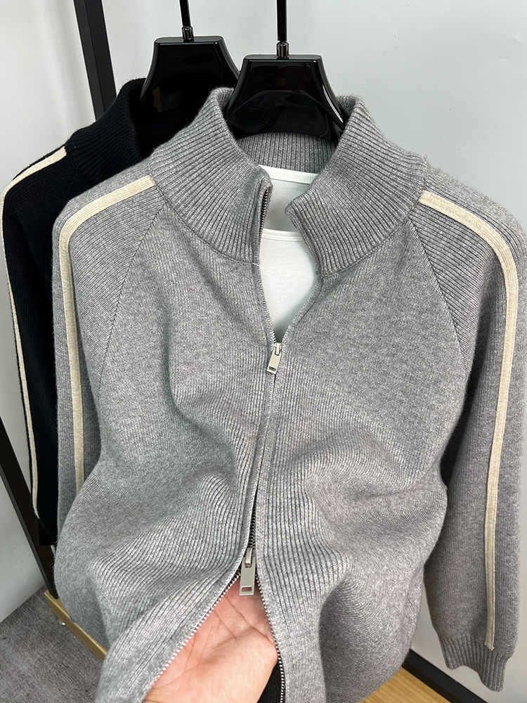 Cardigan in maglia con cerniera e collo alto da uomo – Maglione casual (M-4XL, nero/grigio)_voghion.com