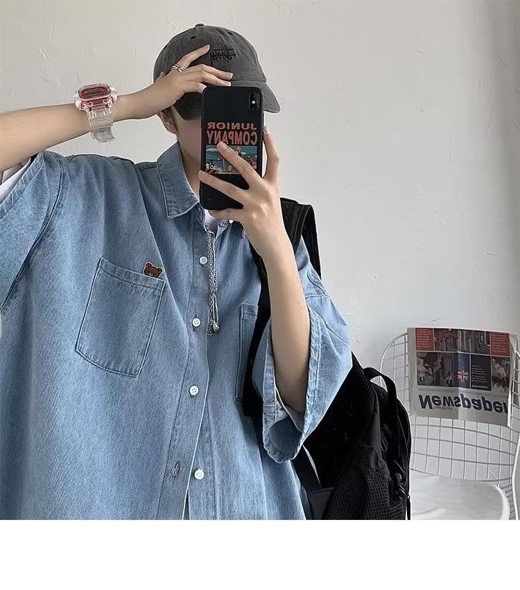 Letnia krótka koszula dżinsowa dla mężczyzn, stylowa, modny niszowy design, luźna, swobodna kurtka z krótkim rękawem_voghion.com