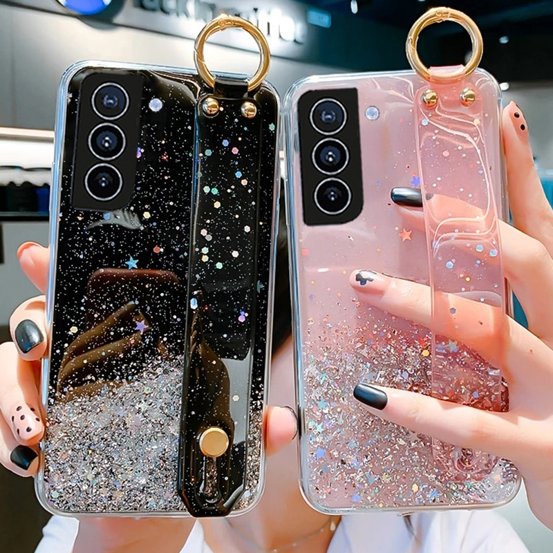 Bling Glitter Polsband Standhouder Case Voor Samsung S24 Ultra S23 S22 Plus S21 S20 FE A14 A54 a53 A23 A52 Soft Clear_voghion.com