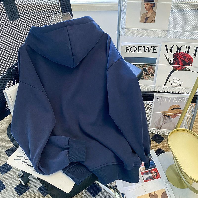 Losvallend ontwerp met rits, marineblauwe hoodie met capuchon voor heren en dames, nieuwe fleecetrend voor herfst en winter_voghion.com