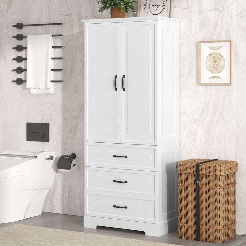 Tall Bathroom Storage Cabinet,Cabinet With Two Doors And Drawers,Adjustable Shelf,MDF Board,White_voghion.com