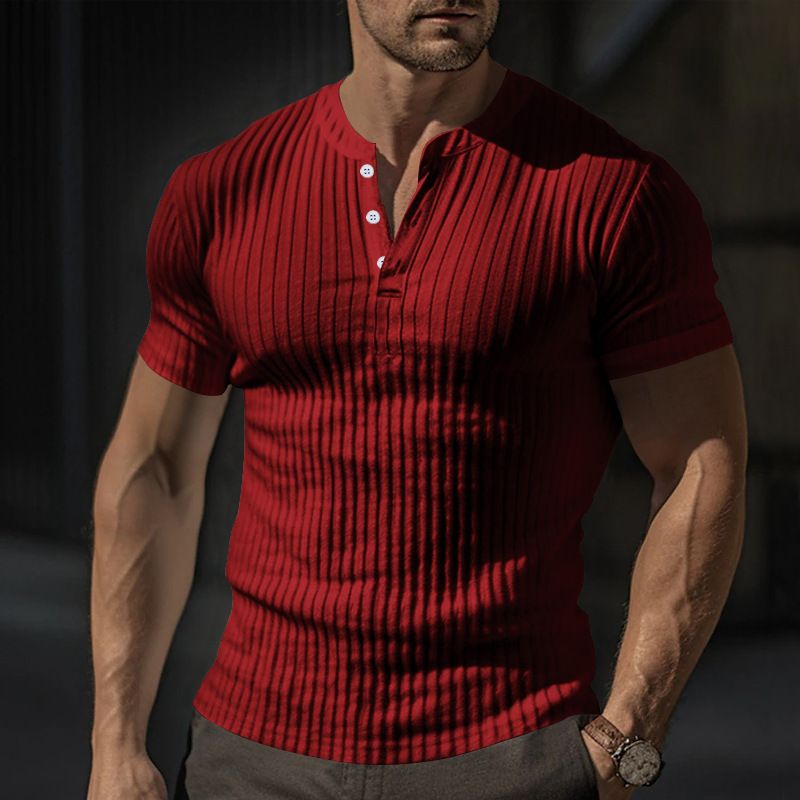 Abbigliamento da uomo T-shirt slim a maniche corte con scollo a V e bottoni casual in tinta unita_voghion.com