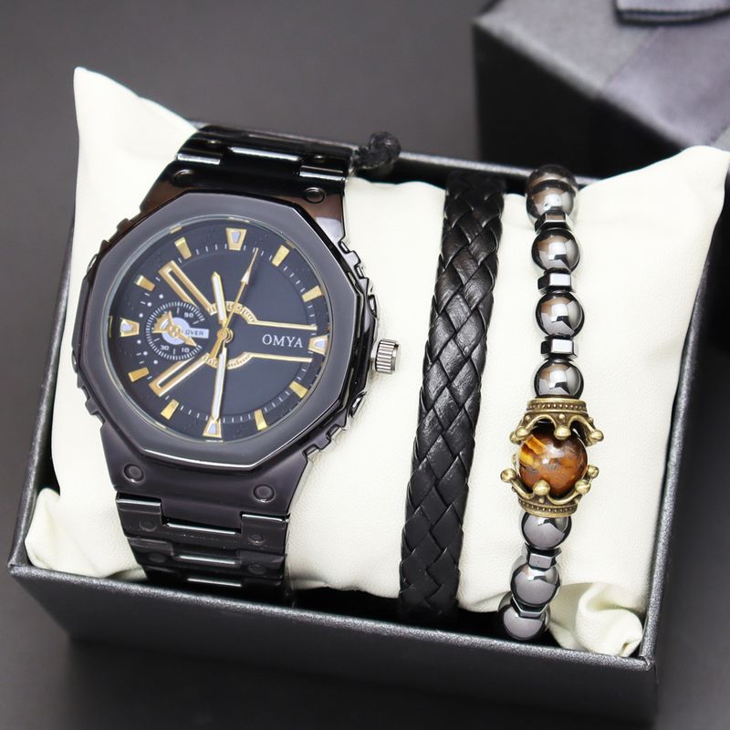 Geschenkbox Uhrenset Herren Quarz Wasserdicht Kalender Uhr Armband Stahlband_voghion.com