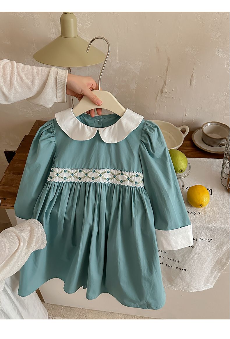 Madre e bambini francese rattan fiore ricamo bambola colletto ragazza vestito 2024 stile autunno contrasto colore puro cotone dolce principessa vestito manica lunga_voghion.com