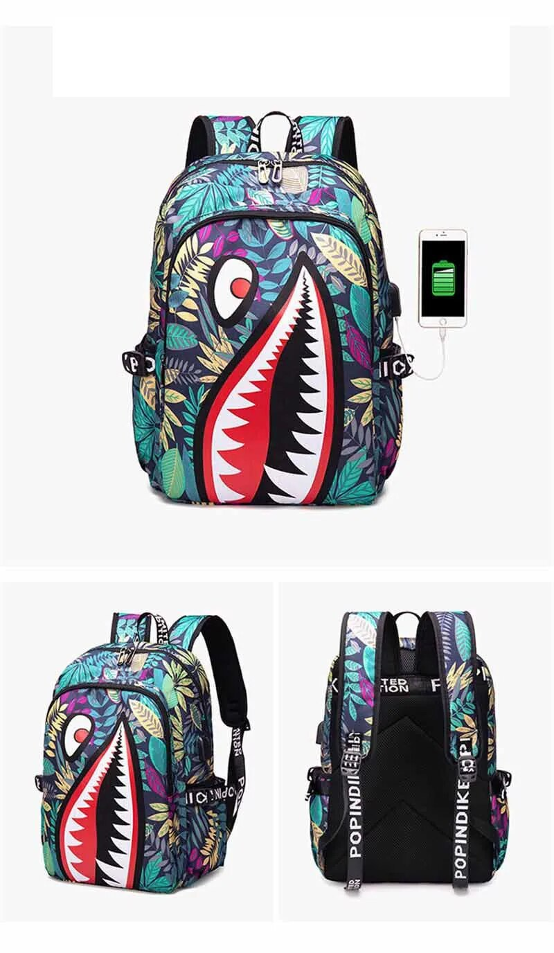 Elementary Bookbag Travel Rucksack Cartoon Shark Print Primary School Student Satchel Backpack Mochila Infantil_voghion.com