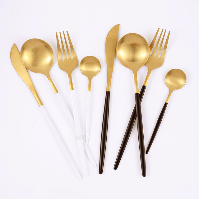 24-teiliges Edelstahl-Geschirr-Set, Schwarzgold, Besteck, Löffel, Gabel, Messer, westliches Besteck, Besteck, Geschirrzubehör_voghion.com
