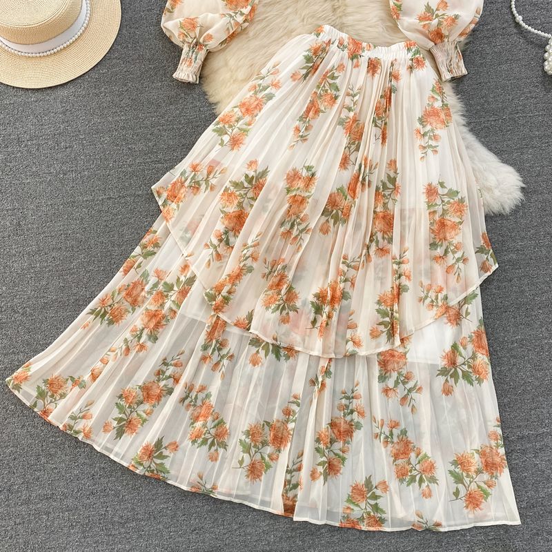 Women's Clothing light mature style, lantern long sleeves, bowknot, loose printed chiffon shirt, two-piece suit, high waist skirt_voghion.com