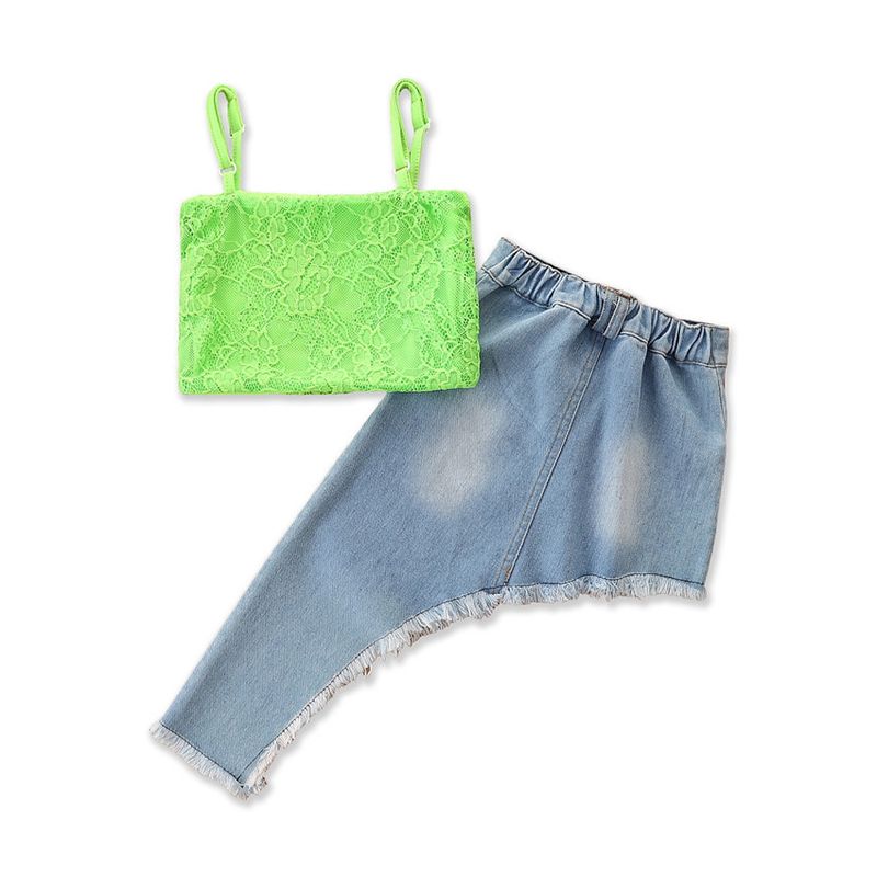 Kinderkleidung Sommer Mädchen Jeansanzug Baby Unregelmäßige Hosenträger Top Faltenrock_voghion.com