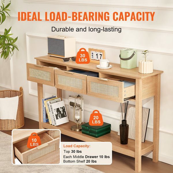 Rattan Console Table With 3 Storage Drawers Rattan Sliding Door Natural_voghion.com