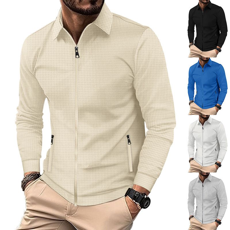 Men's Clothing Men's Waffle Knit Zip-Up Jacket With Stand Collar - High Street Casual Autumn Coat For Men_voghion.com