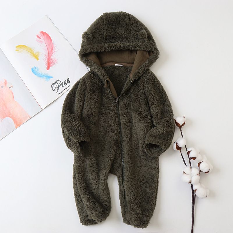 Soft Fleece Hooded Baby Jumpsuit With Mittens - Unisex Cartoon Style Infant Romper For Newborns - Cozy Zipper Closure, Long Sleeve, Neutral Colors_voghion.com