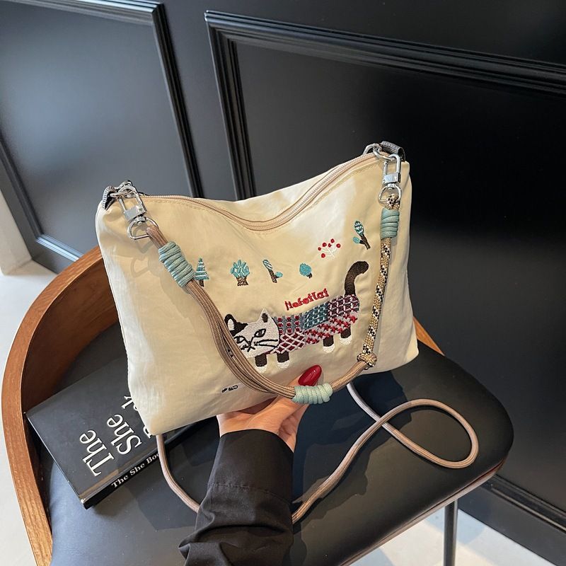 Heavy Embroidered Cat Nylon Tote For Women, Casual Outdoor Commuter Crossbody Bag, Versatile Shoulder Bag_voghion.com