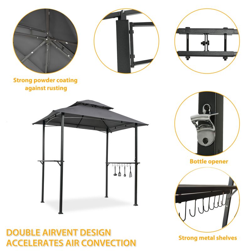 Outdoor Grill Gazebo 8 x 5 Ft; Shelter Tent; Double Tier Soft Top Canopy and Steel Frame with hook and Bar Counters_voghion.com